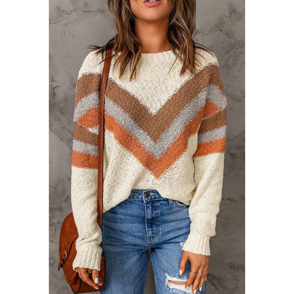 Chevron Round Neck Dropped Shoulder Sweater
